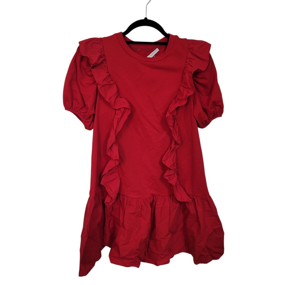 English Factory Red Ruffle Mini‎ Dress Mixed Media Puff Sleeve XS